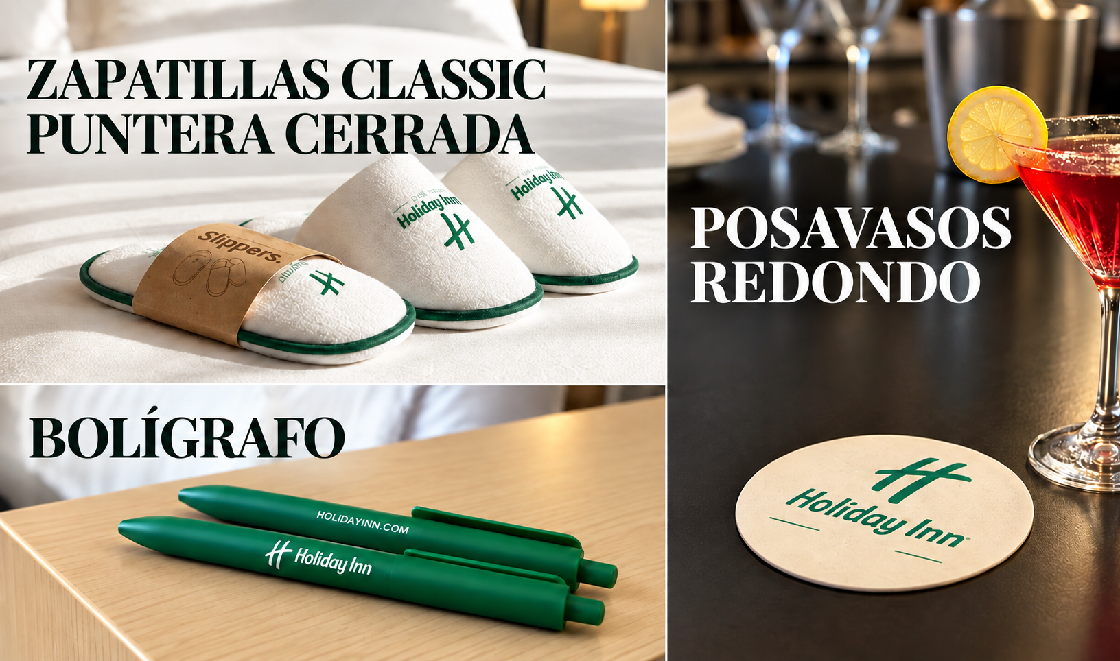 Zapatillas Classic de puntera cerrada, bolígrafo y posavasos redondo Holiday Inn.