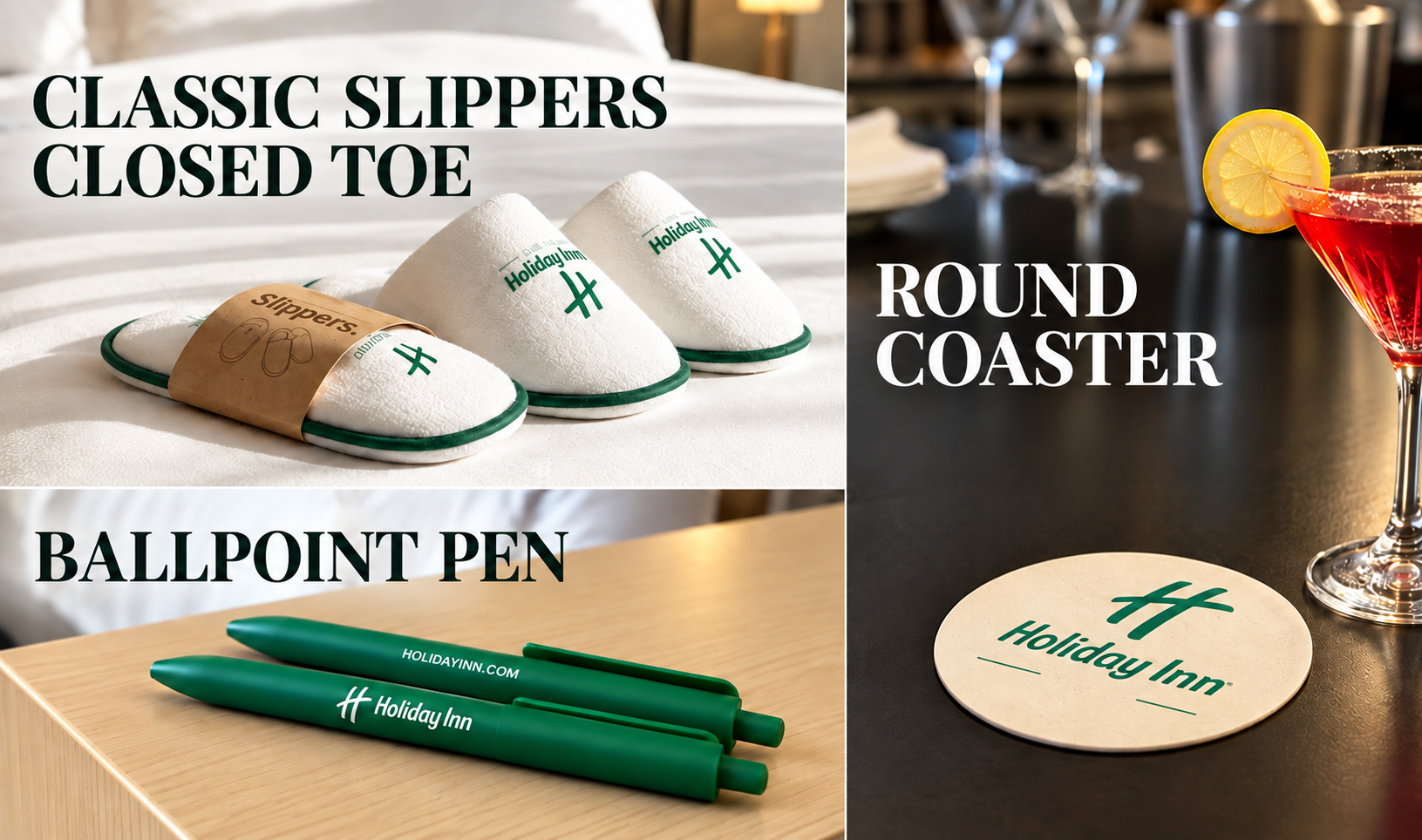 Classic closed-toe slippers, ballpoint pen and round Holiday Inn coaster.